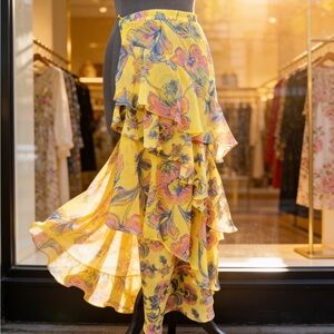 Misa Los Angeles Yellow Floral Asymmetrical Carmen ruffle midi Skirt-Small